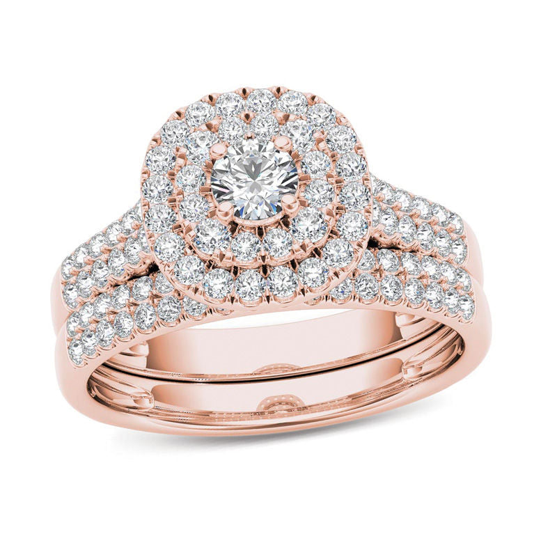 1 ct. Diamant Doppelrahmen-Braut-Set mit mehrreihigem Design in 14K Roségold