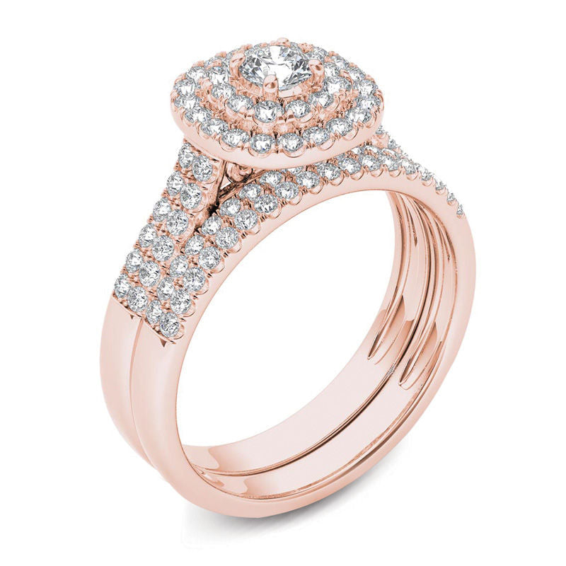 1 ct. Diamant Doppelrahmen-Braut-Set mit mehrreihigem Design in 14K Roségold