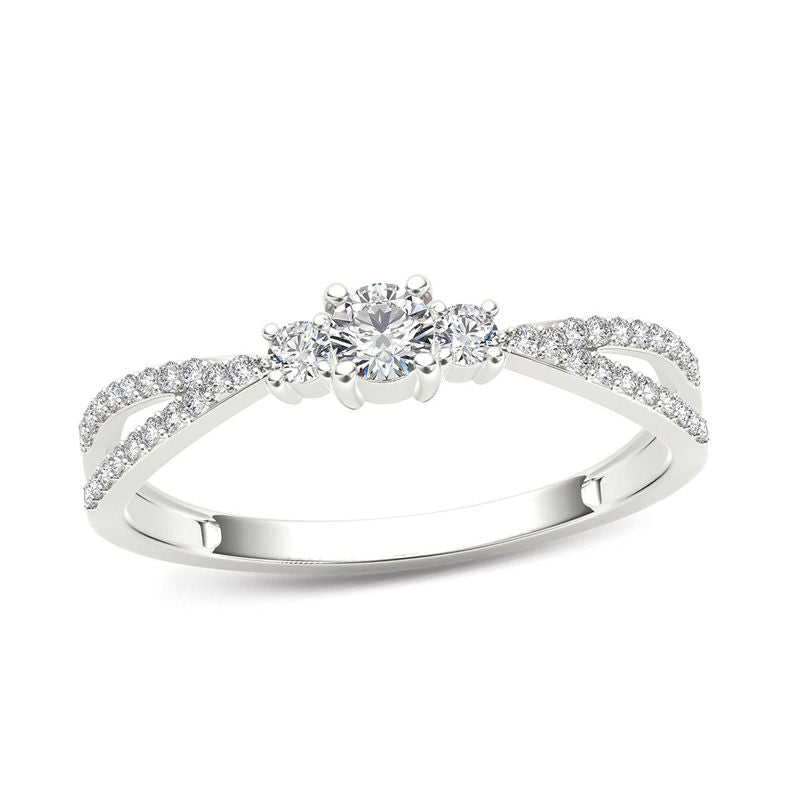 0,25 ct. Dreistein-Diamant-Verlobungsring mit geteiltem Ring aus 14K Weißgold