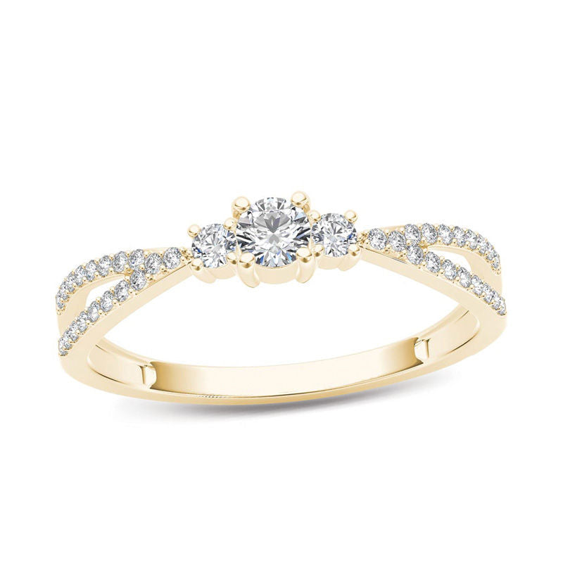 0,25 ct. Dreistein-Diamant-Verlobungsring mit geteiltem Ring in 14K Gold
