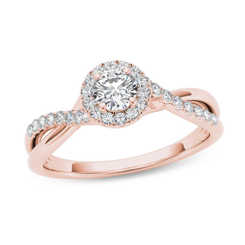 Verlobungsring mit gedrehtem Diamantrahmen, 0,5 ct. Gesamtgewicht Diamanten, 14K Roségold