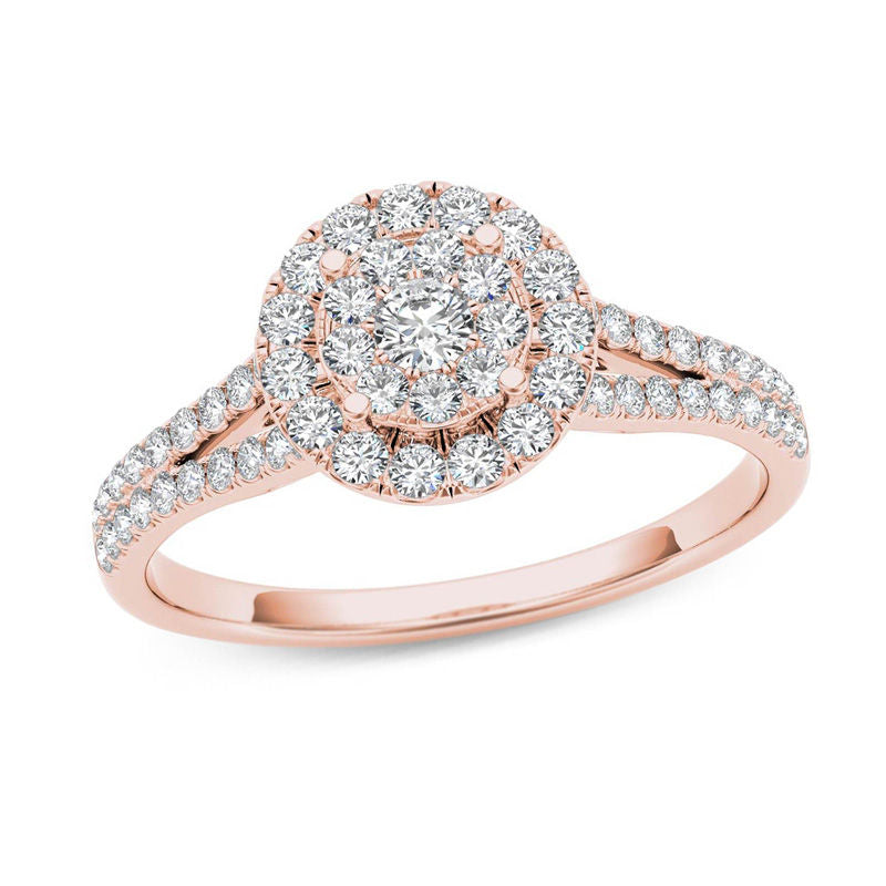 Verlobungsring mit Diamant-Halo aus Komposit-Diamanten, 0,5 ct. Gesamtgewicht, in 14K Weißgold