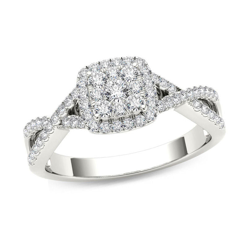 Verlobungsring mit quadratischem Rahmen, Überkreuz-Design und 0,375 ct. Komposit-Diamanten aus 14K Weißgold