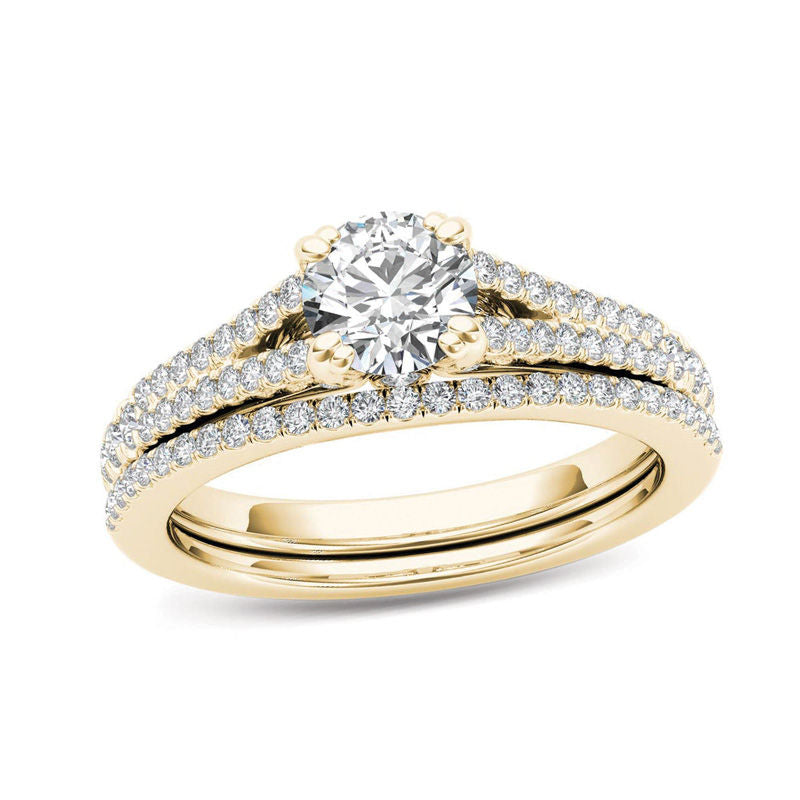 1 ct. Diamant Verlobungsring-Set mit geteiltem Ringschaft in 14K Gold