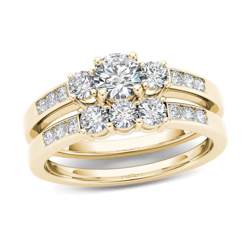 1 ct. Dreistein-Diamant-Verlobungsring-Set aus 14K Gelbgold