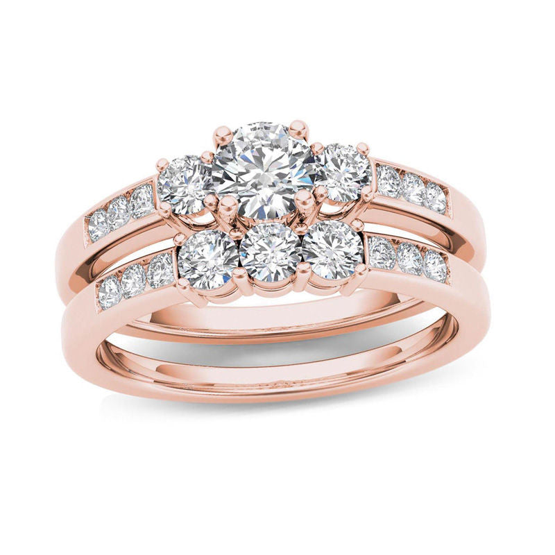 Braut-Set mit Verlobungsring, Dreistein, 1 ct. Gesamtgewicht Diamant, 14K Roségold