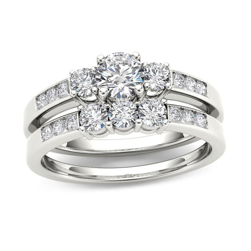 Diamant-Verlobungsring-Set „Dreistein" mit 1 ct. Gesamtgewicht in 14K Weißgold
