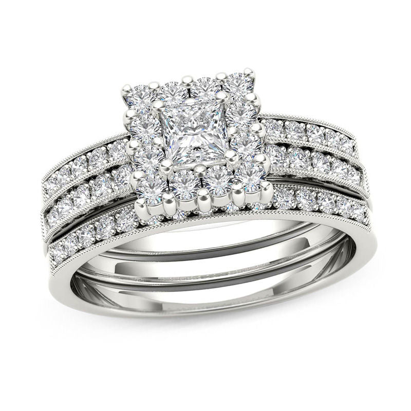 Dreiteiliges Braut-Set mit Diamant-Halo im Princess-Schliff, 0,875 ct. Gesamtgewicht, aus 14K Weißgold