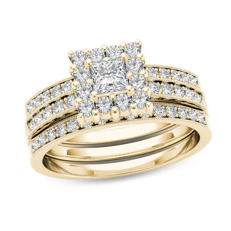 0,875 ct. Diamant-Verlobungsring-Set mit Princess-Schliff und Halo, dreiteilig, aus 14K Gold