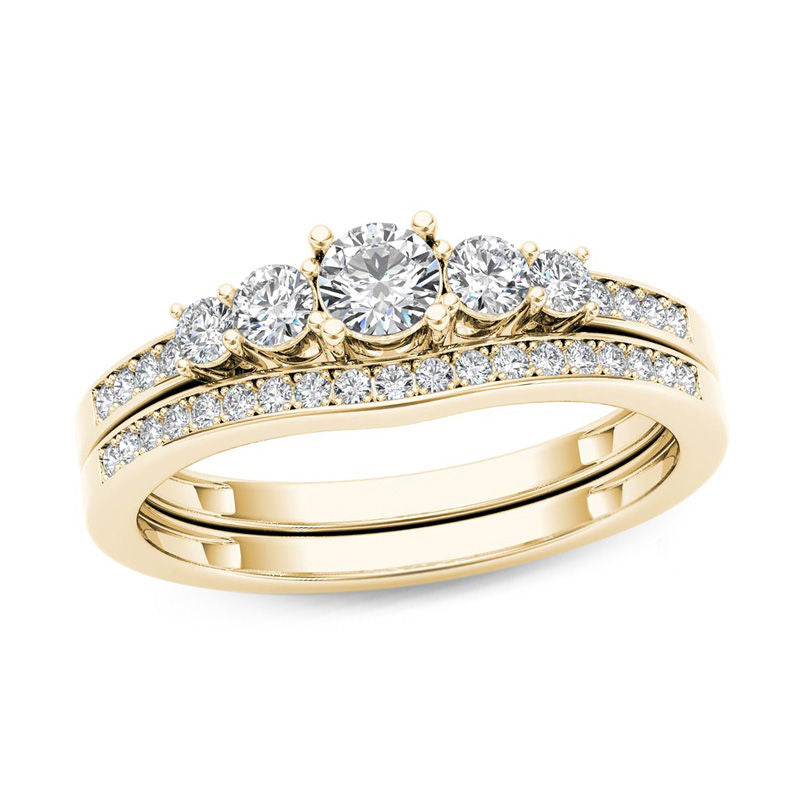 Verlobungsring-Set mit fünf Diamanten, 0,5 ct. Gesamtgewicht, in 14K Gelbgold