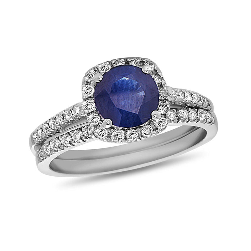 Braut-Set mit 6,0 mm blauem Saphir im Kissenschliff-Halo und 0,375 ct. Gesamtgewicht Diamanten in 14K Weißgold