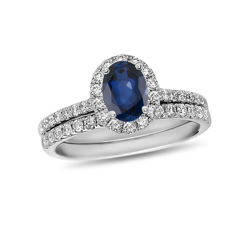 Verlobungsring-Set mit ovalem blauem Saphir und Diamant-Halo, 0,625 ct. Gesamtgewicht, aus 14K Weißgold