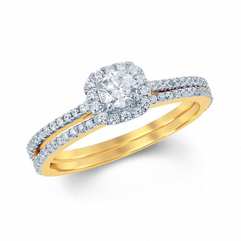 Verlobungsring-Set mit Diamanten im Kissenschliff und Halo, 0,625 ct., aus 14K Gold