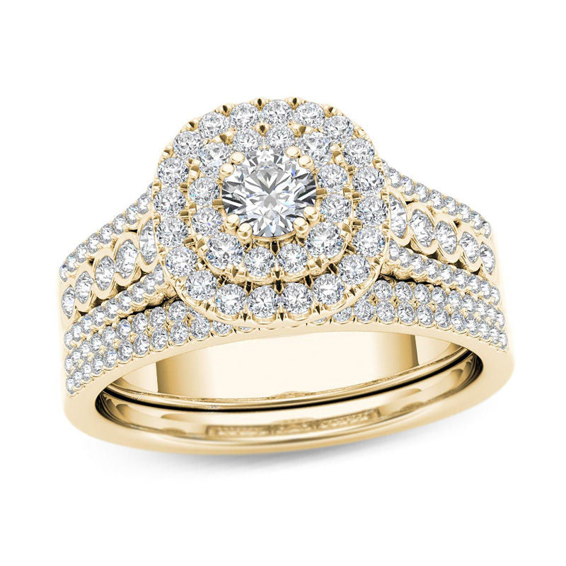 Verlobungsring-Set mit doppeltem Kissen-Halo, mehrreihig, 1 ct. Gesamtgewicht Diamant, in 14K Gold