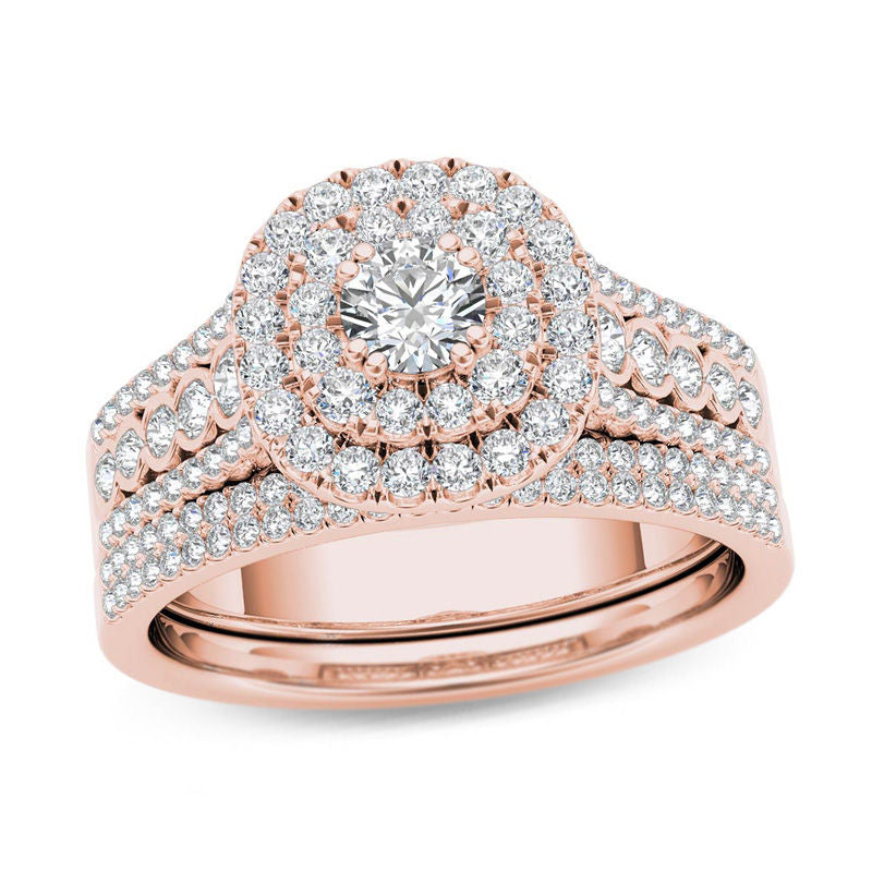Diamant-Verlobungsring-Set mit doppeltem Kissenrahmen, mehrreihig, 1 ct. Gesamtgewicht, aus 14K Roségold