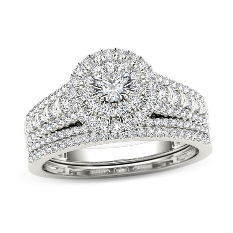 Verlobungsring-Set mit Diamant-Doppel-Halo im mehrreihigen Design, 1 ct. Gesamtgewicht Diamanten, aus 14K Weißgold