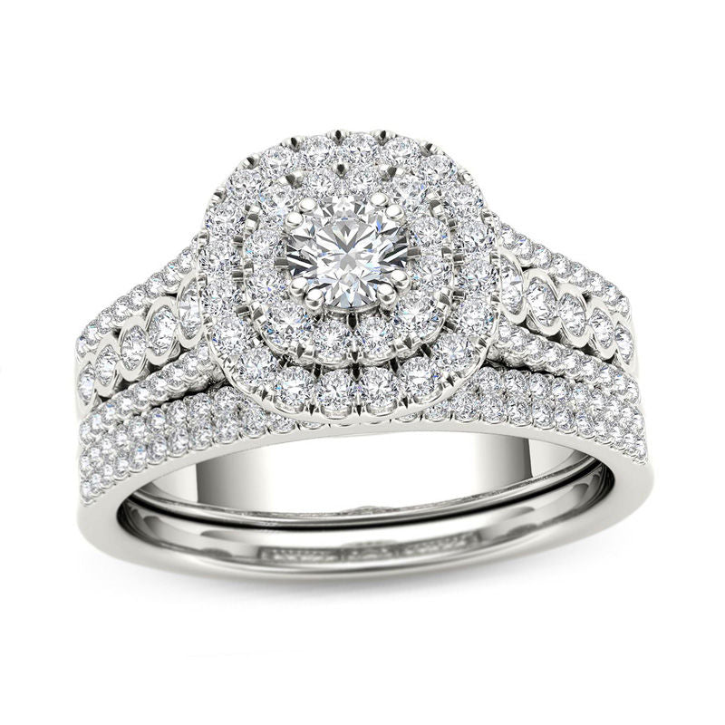 Braut-Set mit Verlobungsring, 1 ct. Gesamtgewicht Diamant, mehrreihiger Doppel-Kissenschliff-Rahmen, 14K Weißgold