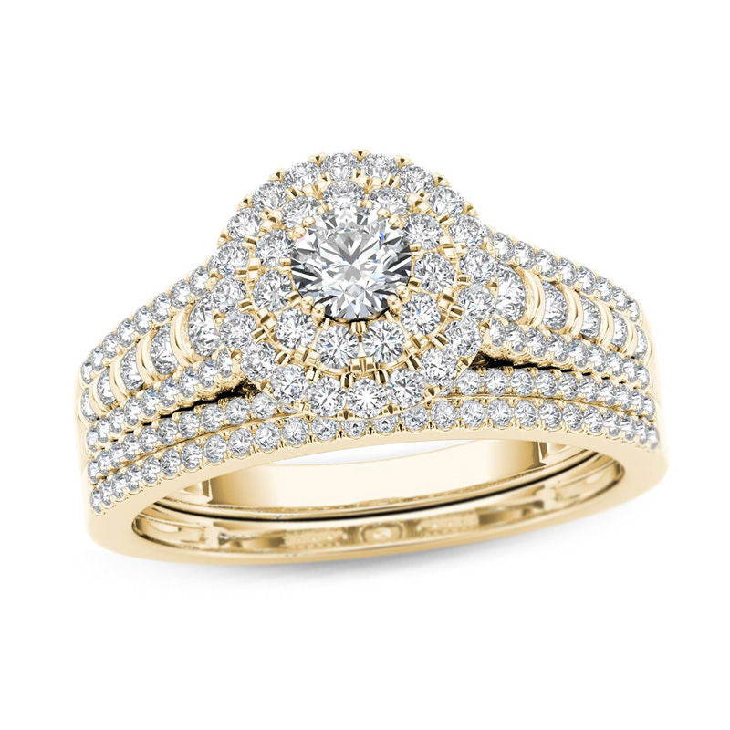1 ct. Diamant-Verlobungsring-Set mit Doppelrahmen und mehrreihigem Design in 14K Gold