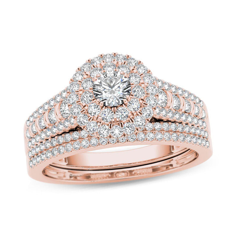 1 ct. Diamant Braut-Set mit Doppel-Halo und mehreren Reihen aus 14K Roségold