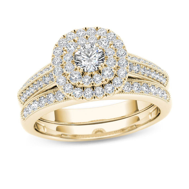 Braut-Set, mehrreihig, im Vintage-Stil mit doppeltem Kissenschliff-Rahmen, 0,875 ct. Gesamtgewicht Diamant, aus 14K Gold