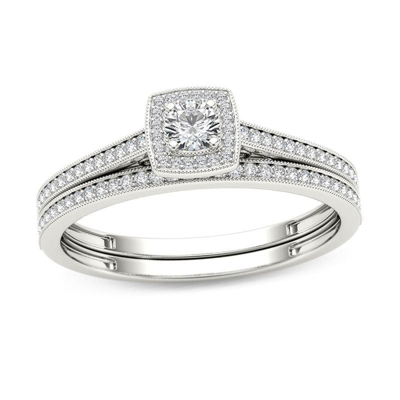 0,33 ct. Diamant Braut-Verlobungsring-Set im Vintage-Stil mit Kissenschliff-Halo aus 14K Weißgold