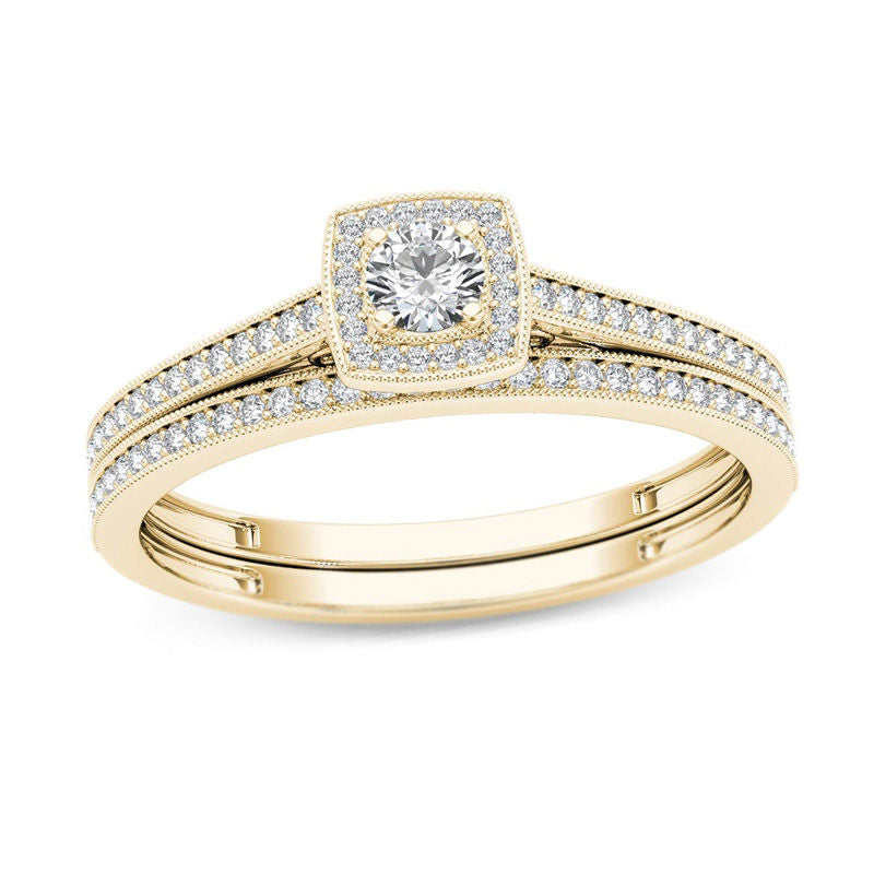 Verlobungsring-Set „Cushion“-Rahmen im Vintage-Stil mit 0,33 ct. Diamanten in 14K Gold
