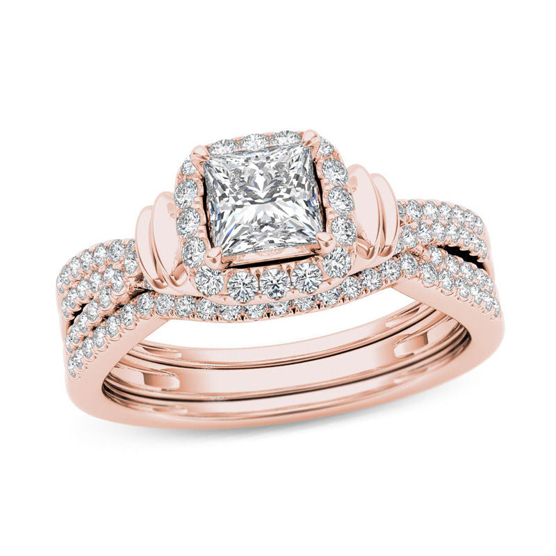 Mehrreihiges Braut-Set mit Halo aus Princess-Diamanten, 1 ct. Gesamtgewicht, aus 14K Roségold