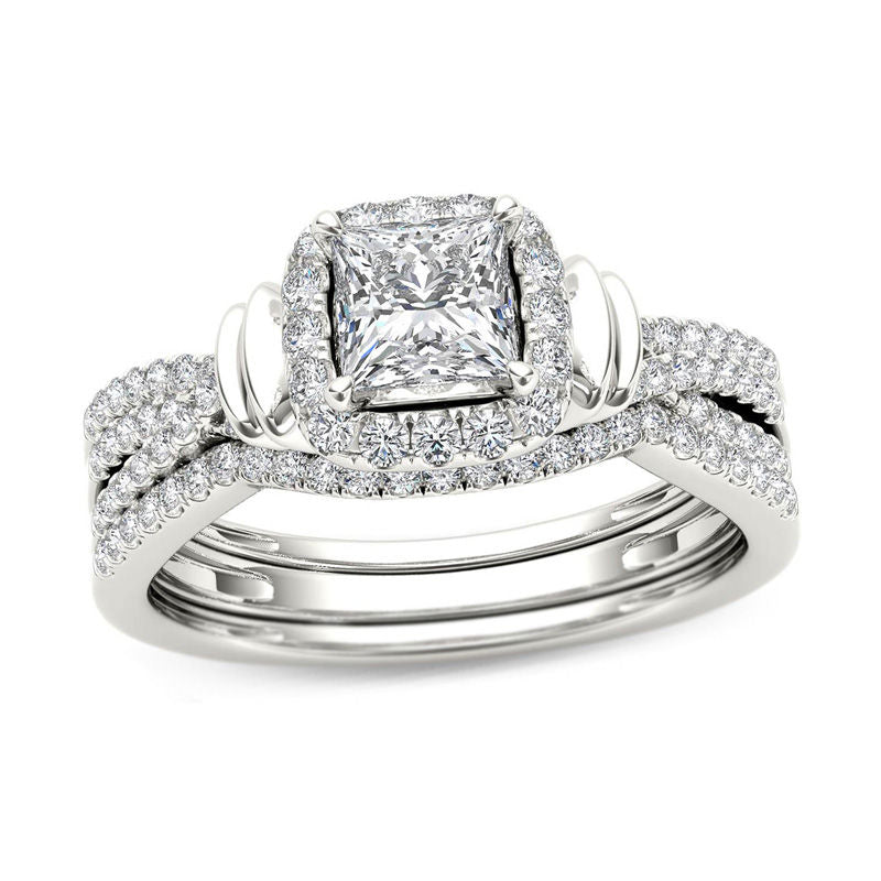 Braut-Set mit Princess Diamant-Halo, mehrreihig, 1 ct. Gesamtgewicht, aus 14K Weißgold