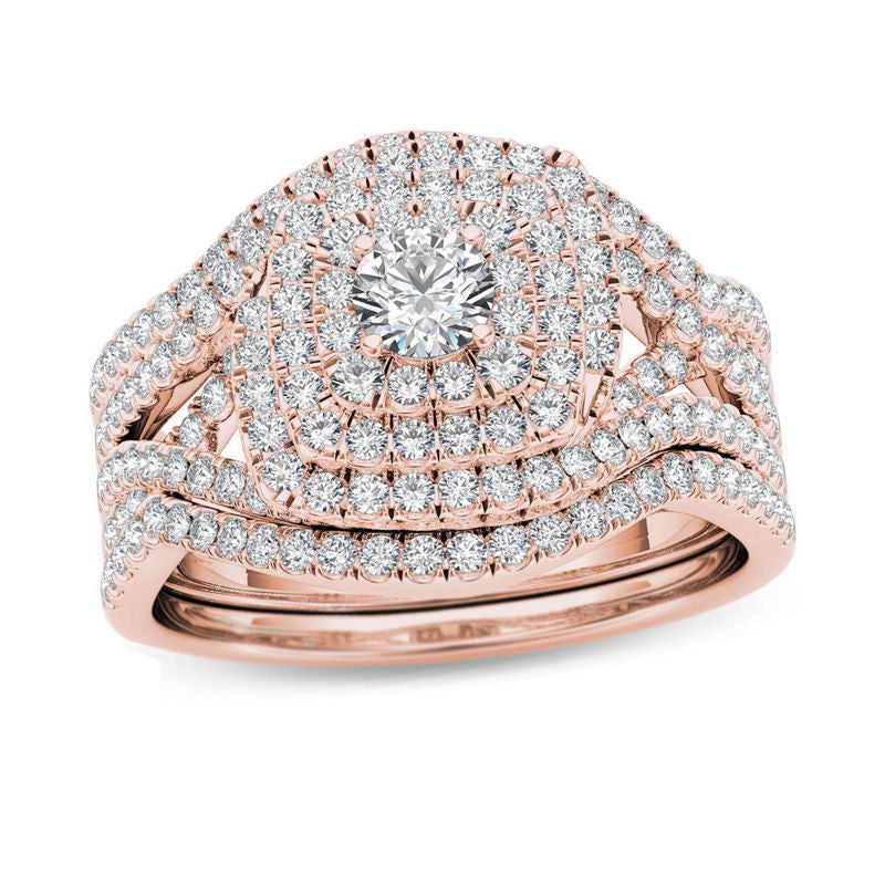 Braut- und Verlobungsring-Set 1 ct. Gesamtgewicht Diamant im Kissenschliff mit Halo und Split-Shank aus 14K Roségold