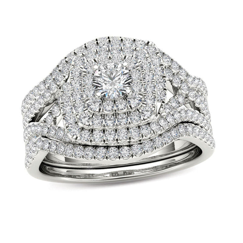 Braut-Set mit Verlobungsring, 1 ct. Diamant, Kissenschliff-Halo mit geteilten Krappen, dreiteilig, aus 14K Weißgold