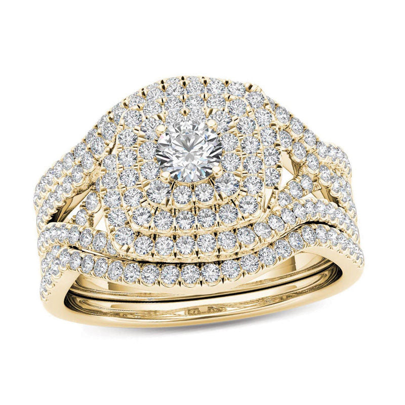 Braut-Set, dreiteilig, mit Kissenschliff-Halo und geteiltem Ringschaft, 1 ct. Gesamtgewicht Diamant, Verlobungsring aus 14K Gold