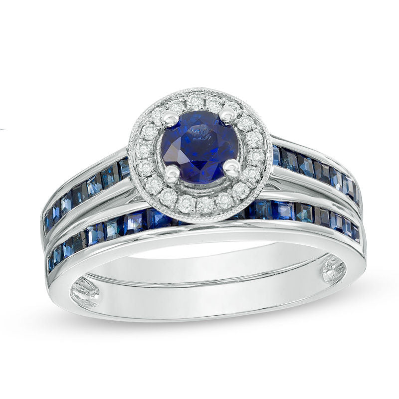 Verlobungsring-Set mit 5,0 mm blauem Saphir und Diamant-Akzentrahmen aus 14K Weißgold