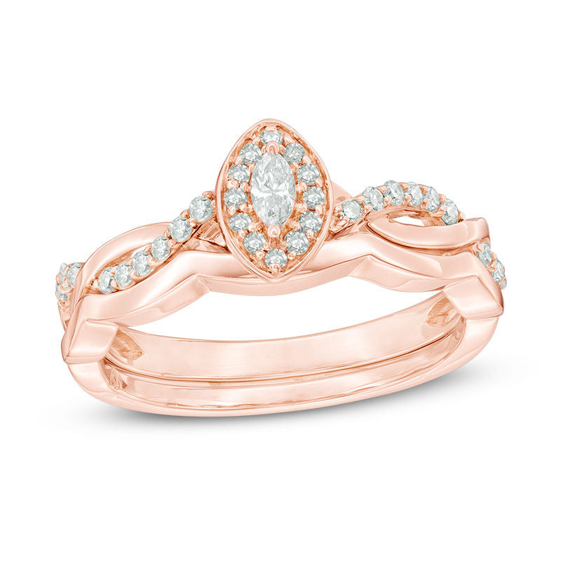 Verlobungsring-Set mit Diamant-Halo in Marquise-Form und Twist-Design, 0,25 ct. Gesamtgewicht, aus 14K Roségold