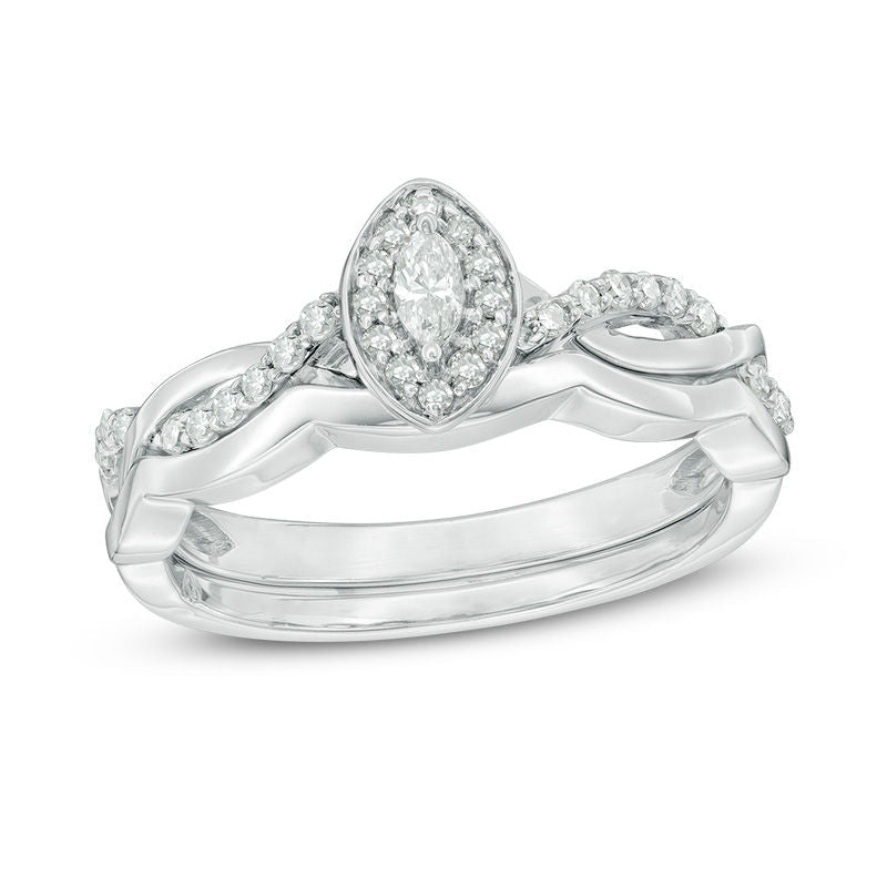 Braut-Set Verlobungsring mit Diamant-Halo in Marquise-Form und Twist-Design in 14K Weißgold, 0,25 ct. Gesamtgewicht