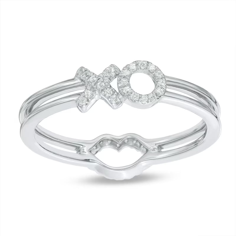 0,1 ct. Gesamtgewicht Diamant-Ring mit Lippen und "XO" beidseitig in 10K Weißgold