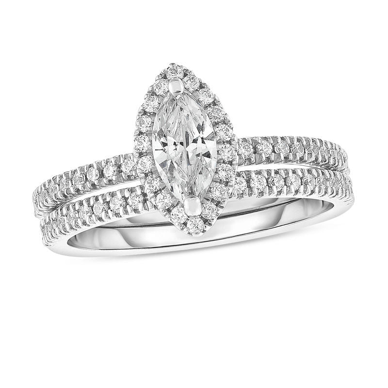 Verlobungsring-Set mit Marquise-Diamant-Halo, 1 ct. Gesamtgewicht, in 14K Weißgold