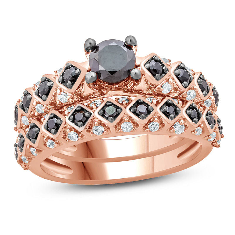 Verlobungsring-Set mit behandelten schwarzen und weißen Diamanten, 1 ct. Gesamtgewicht, gedrehter quadratischer Ringschiene, aus 14K Roségold