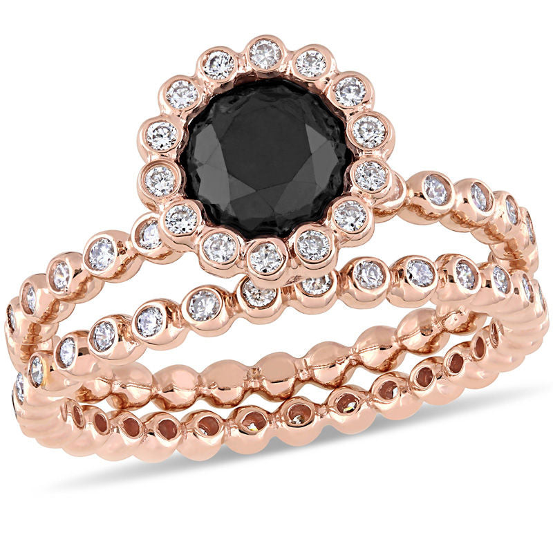 2 ct. Diamant-Verlobungsring-Set „Frame“ mit behandelten schwarzen und weißen Diamanten in 14K Roségold