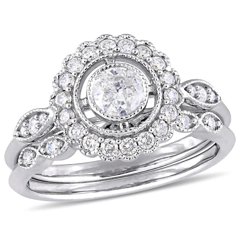0,75 ct. Diamant Verlobungsring-Set mit Blumen-Rahmen im Vintage-Stil aus 14K Weißgold