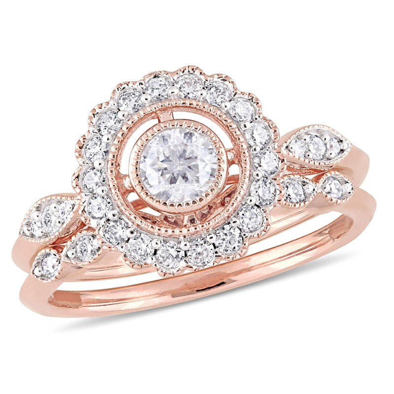 Braut-Set mit Diamant-Halo im Vintage-Stil aus 14K Roségold, 0,75 ct. Gesamtgewicht