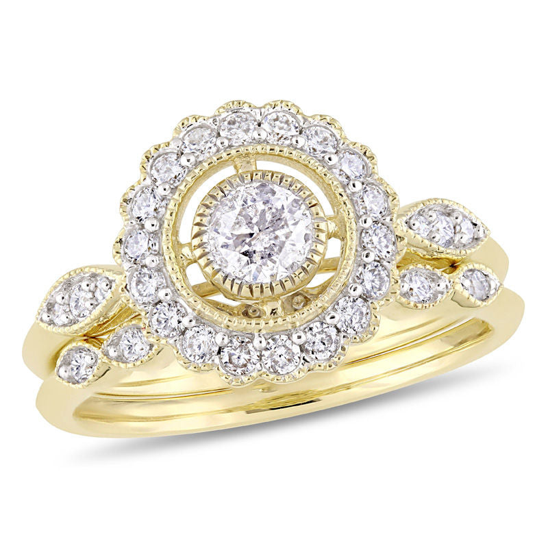 Verlobungsring-Set mit Diamant-Halo im Vintage-Stil aus 14K Gold, 0,75 ct