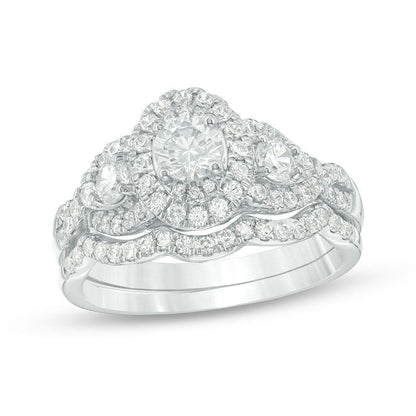 Verlobungsring-Set mit ovalen Dreistein-Diamanten, Twist-Halo, 1,15 ct. Gesamtgewicht, aus 14K Weißgold