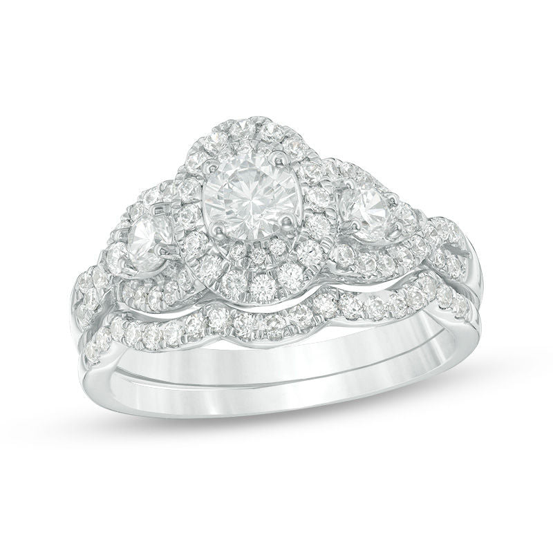 Verlobungsring-Set mit ovalen Dreistein-Diamanten, Twist-Halo, 1,15 ct. Gesamtgewicht, aus 14K Weißgold
