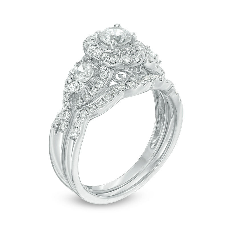 Verlobungsring-Set mit ovalen Dreistein-Diamanten, Twist-Halo, 1,15 ct. Gesamtgewicht, aus 14K Weißgold
