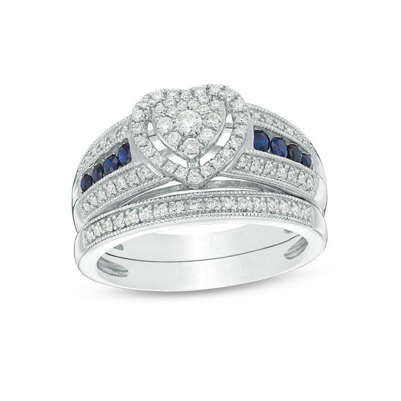 0,375 ct. Diamant und blauer Saphir Komposit Herz-Halo mehrreihiges Braut-Set im Vintage-Stil aus 14K Weißgold