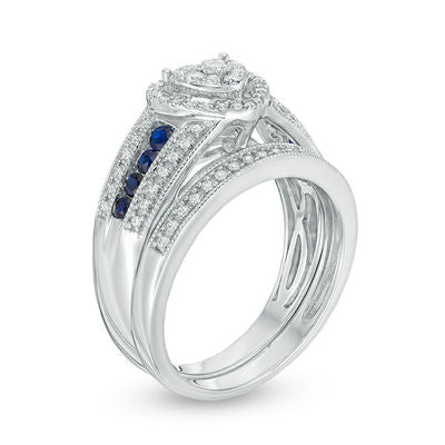 0,375 ct. Diamant und blauer Saphir Komposit Herz-Halo mehrreihiges Braut-Set im Vintage-Stil aus 14K Weißgold