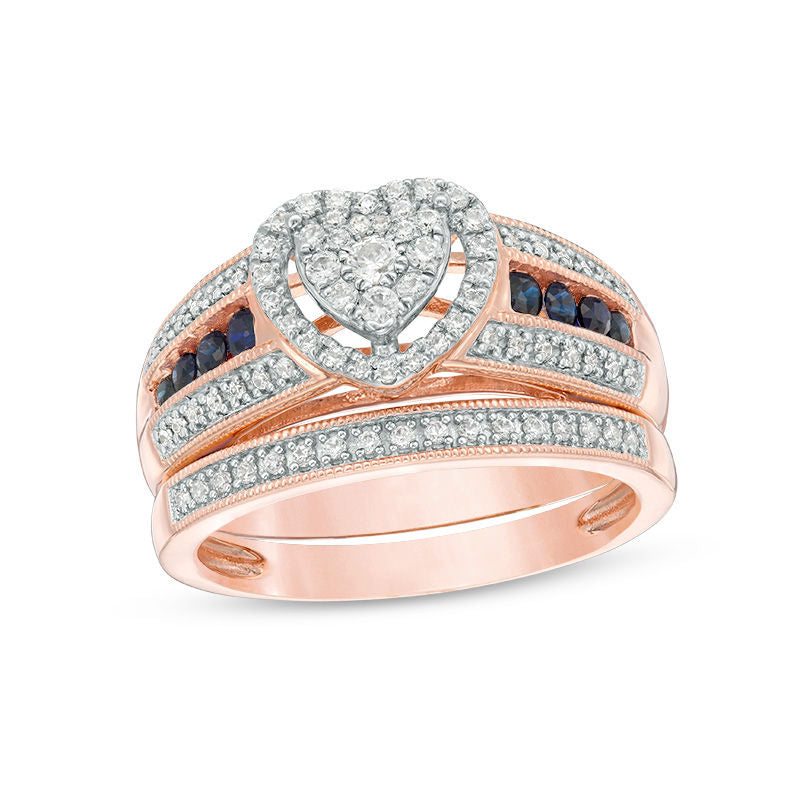 Verlobungsring-Set im Vintage-Stil mit 3/8 ct. Gesamtgewicht Komposit-Diamanten und blauen Saphiren, mehrreihig, aus 14K Roségold