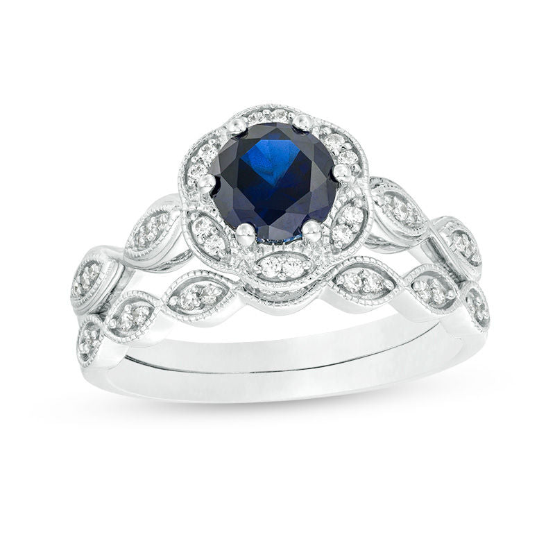 6,0 mm Labordiamant Blauer Saphir und 0,2 ct. Diamant Halo Braut-Set aus 14K Weißgold