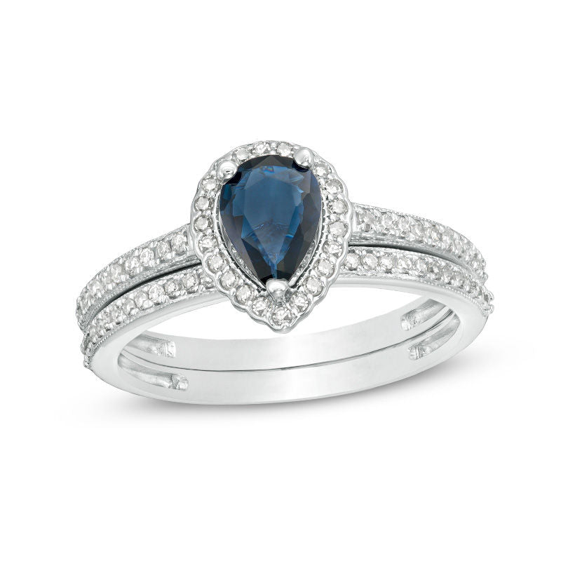 Verlobungsring-Set mit tropfenförmigem blauem Saphir und 0,25 ct. Diamanten in Weißgold 14K