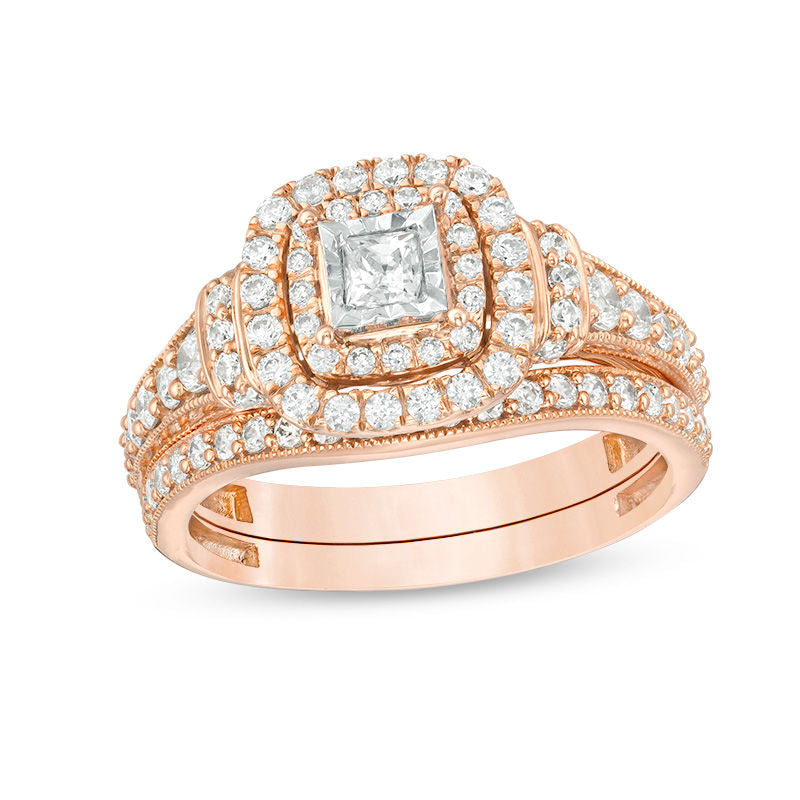 Braut-Set mit Doppelrahmen im Vintage-Stil, 1 ct. Gesamtgewicht Diamanten im Princess-Schliff, aus 14K Roségold